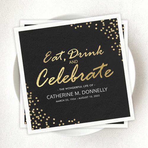 Funeral Celebrate Life  Black and Gold Glitter Napkins