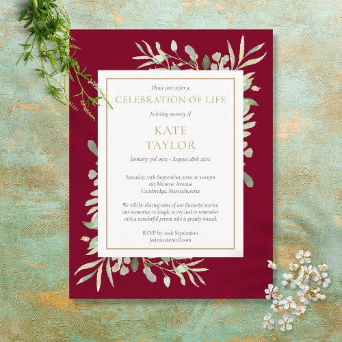 Funeral Celebration of Life Burgundy Invitation Postcard