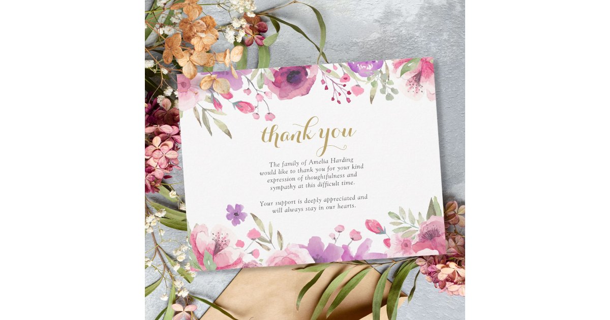 Funeral Celebration of Life Floral Pink Thank You Card | Zazzle