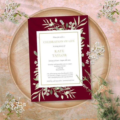 Funeral Celebration of Life Greenery Burgundy Invitation