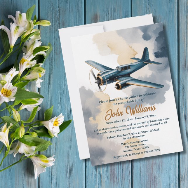 Funeral Celebration of Life Memorial Airplane Blue Invitation (Creator Uploaded)