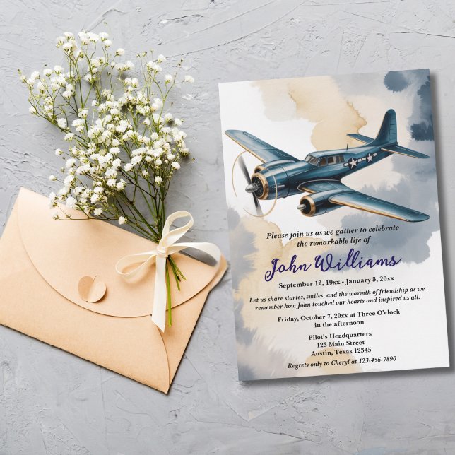 Funeral Celebration of Life Memorial Airplane Blue Invitation (Creator Uploaded)