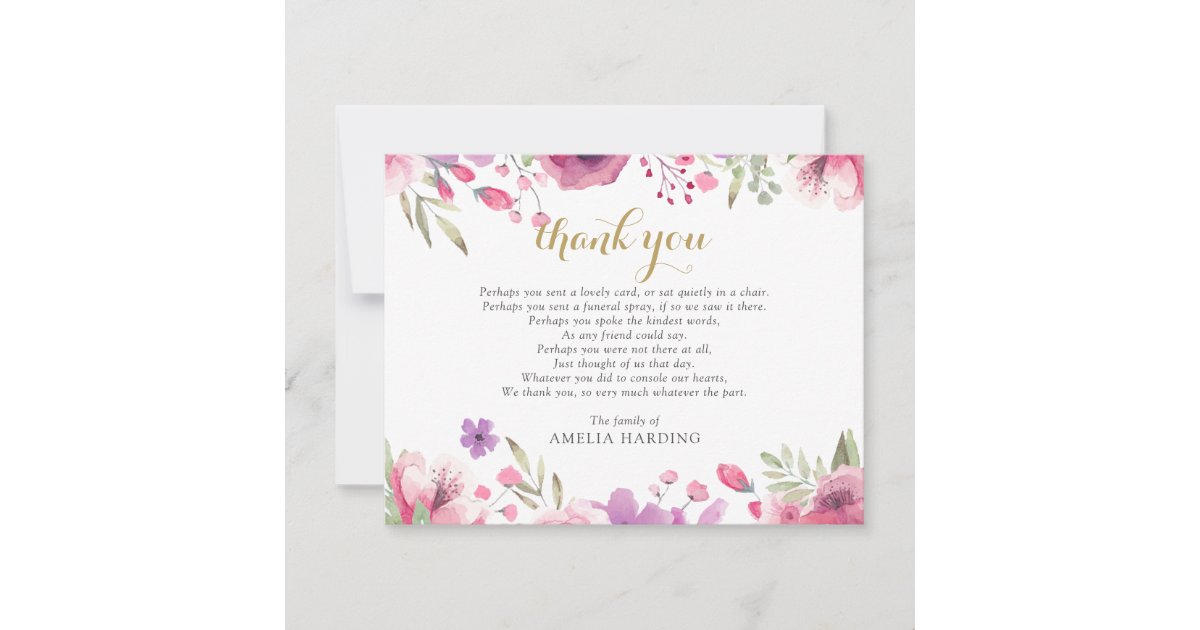 Funeral Celebration Of Life Photo Floral Poem Thank You Card | Zazzle