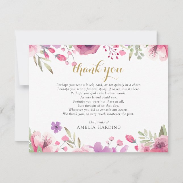 Funeral Celebration Of Life Photo Floral Poem Thank You Card (Front)