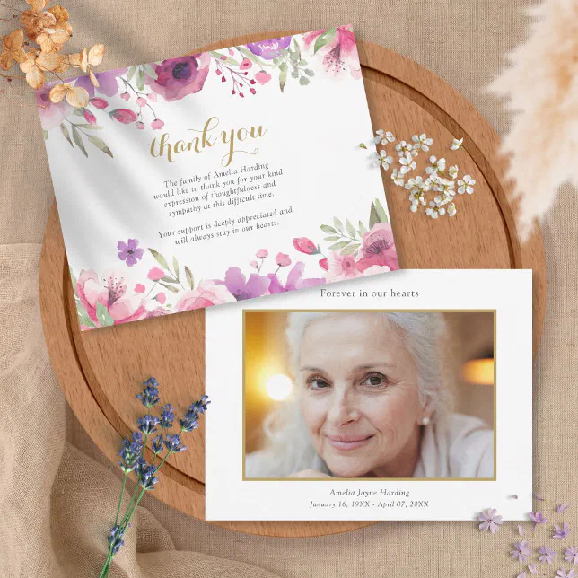 Funeral Celebration Of Life Photo Floral Thank You Card | Zazzle