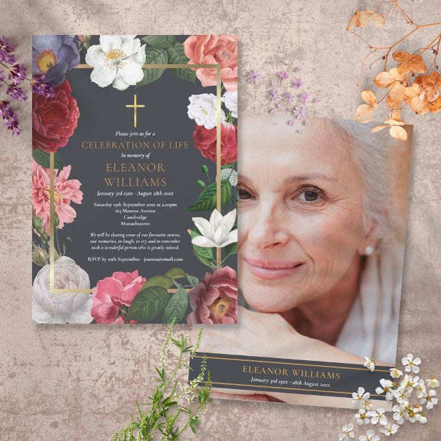 Funeral Celebration of Life Rose Floral Photo Invitation (Creator Uploaded)