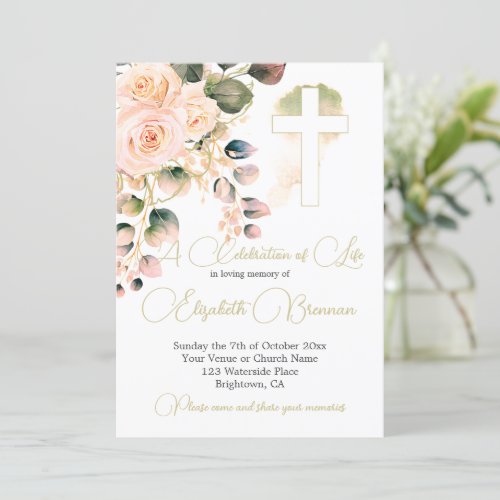 Funeral Christian Floral Elegant Rose  Invitation