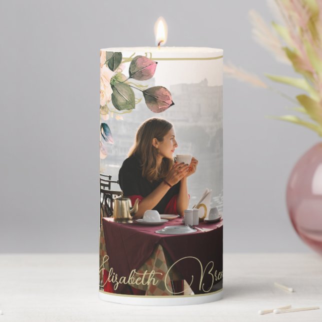 Funeral Christian Photo Elegant Pink Rose Floral  Pillar Candle (In Situ)