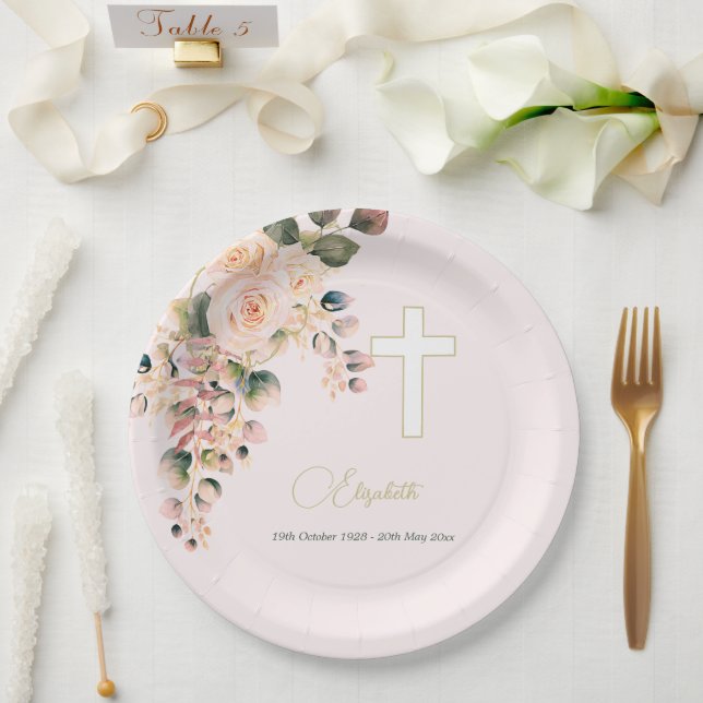 Funeral Christian Photo Elegant Rose  Paper Plates (Wedding)