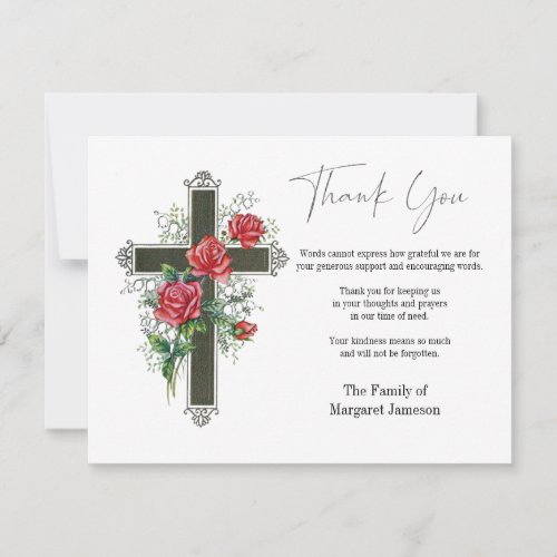 Funeral Condolence Sympathy Cross with Roses Thank You Card