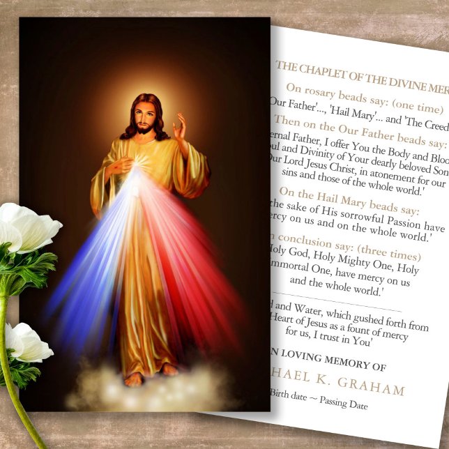 Funeral Divine Mercy Chaplet Prayer Sympathy Cards (Forever in our hearts, celebration of life, in loving memory of, prayer cards for bereavement)