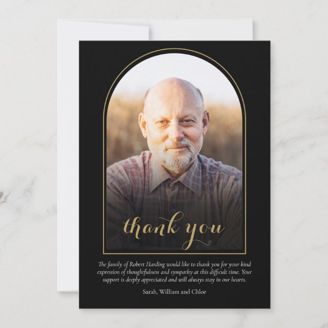 Funeral Elegant Gold Arch Photo Thank You Card (Front)