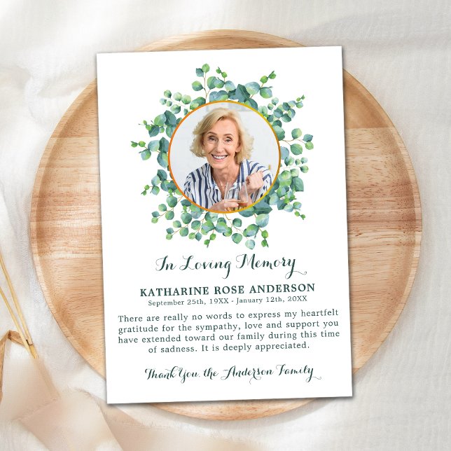 Funeral Eucalyptus Greenery Sympathy Photo Thank You Card (Creator Uploaded)