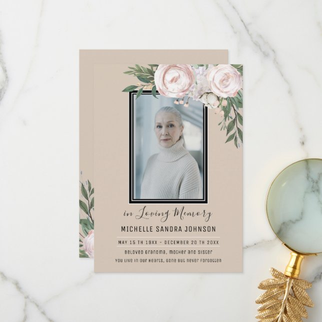 Funeral Floral Beige Photo Memorial Program (Front/Back In Situ)