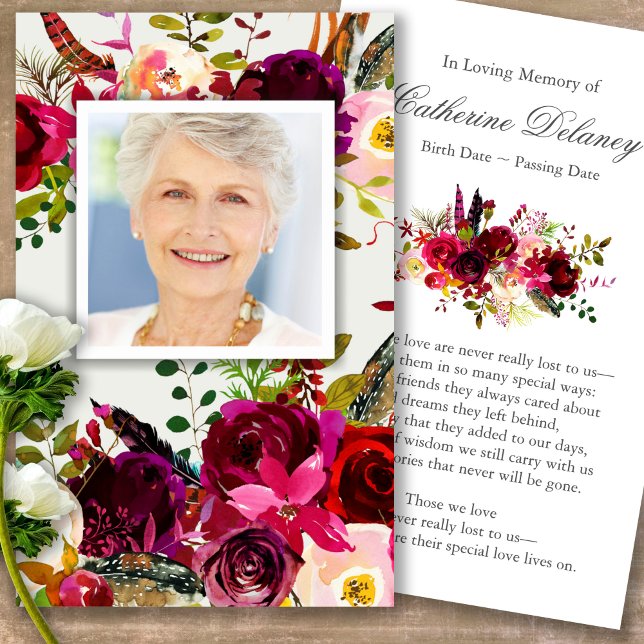 Funeral Floral Bordo Photo Prayer Sympathy Cards