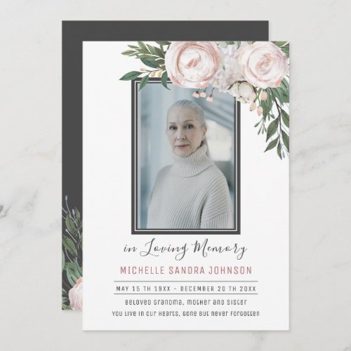 Funeral Floral Pink Grey Photo Memorial Prayer  Thank You Card