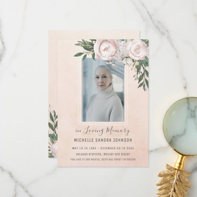 Funeral Floral Pink Photo Memorial Prayer Card (Front/Back In Situ)