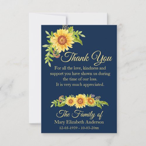 Funeral Floral Watercolor Sunflower Blue  Thank You Card