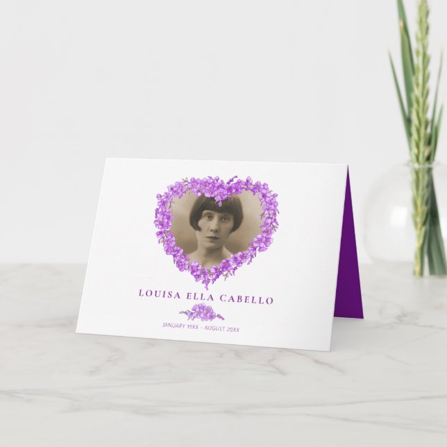 Funeral forget-me-not purple flower heart poem thank you card (Front)