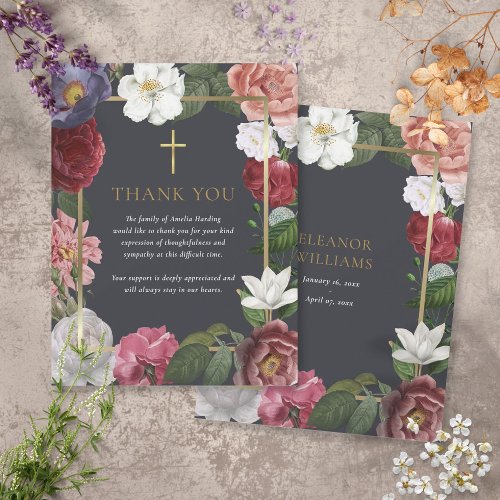 Funeral Gold Cross Floral Thank You Note Card