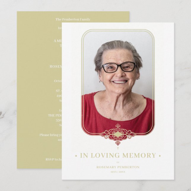 Funeral Golden Effect Ornamental Lace Effect Photo Invitation (Front/Back)