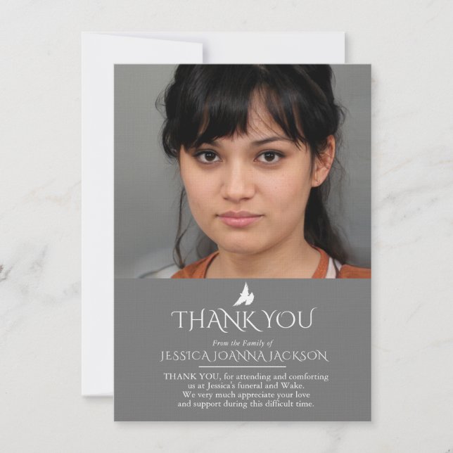 Funeral gray white 2 photos family thank you card (Front)