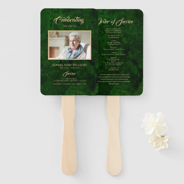 Funeral Green & Gold Calligraphy Set of Fans (Front and Back)