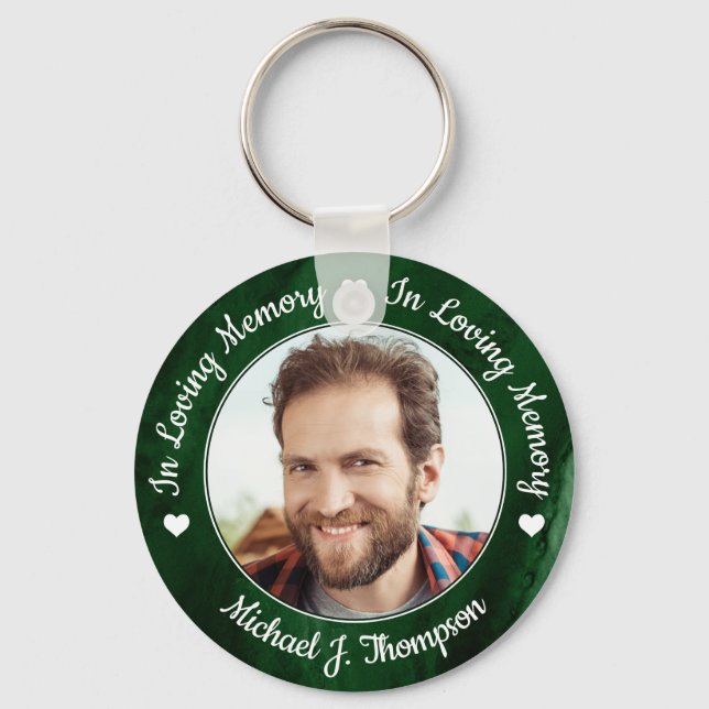 Funeral Green Marble Loving Memory Photo Memorial Keychain (Front)