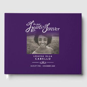 Funeral guest book in our hearts purple white text