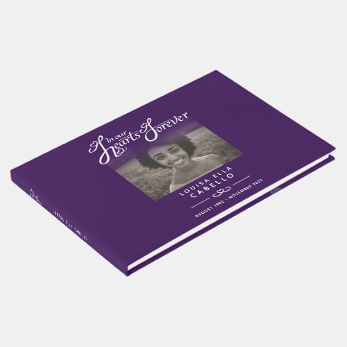 Funeral guest book in our hearts purple white text