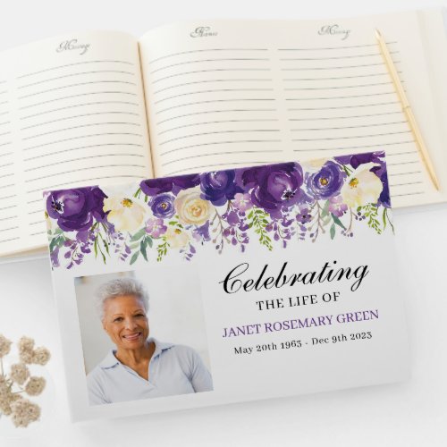 Funeral Guest Book with Purple and Cream Flowers