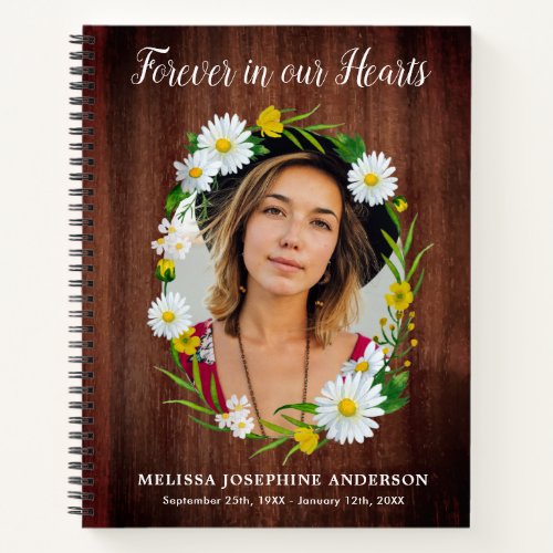 Funeral Guestbook Memorial Rustic Floral Photo Notebook - Rustic Daisy Floral Photo Funeral Guest Book. This funeral guest book features daisy flower floral wreath, your photo, name and dates, on a rustic country wood design. This funeral guest book is perfect keepsake for memorial service, celebration of life and funeral . COPYRIGHT © 2020 Judy Burrows, Black Dog Art - All Rights Reserved. Funeral Guestbook Memorial Rustic Floral Photo Notebook 