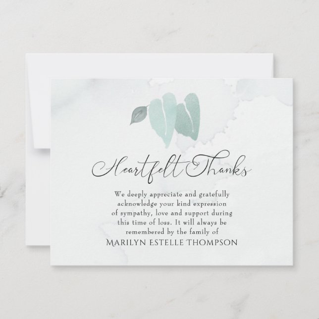 Funeral Heartfelt Thanks Watercolor Heart Leaves Thank You Card (Front)