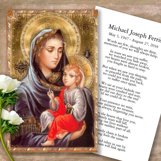 Funeral Holy Mother Memorial Prayer Sympathy Cards (Forever in our hearts, celebration of life, in loving memory of, prayer cards for bereavement)