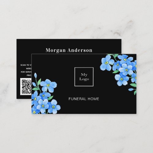 Funeral home service black blue floral QR code Business Card