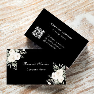 Funeral home service black white florals QR code Business Card