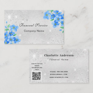 Funeral home service silver blue floral QR code Business Card