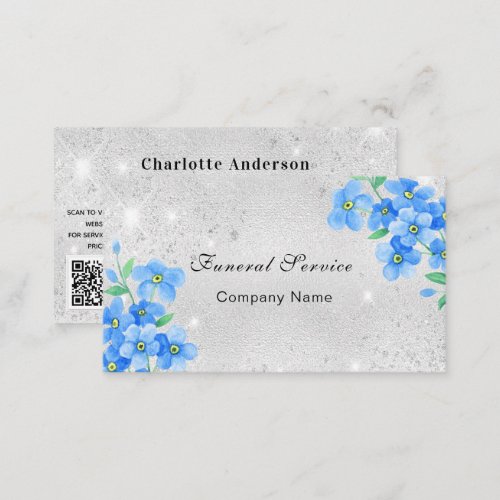 Funeral home service silver blue floral QR code Business Card