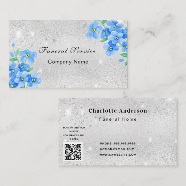 Funeral home service silver blue floral QR code Business Card (Front/Back)