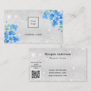 Funeral home service silver blue floral QR code Business Card