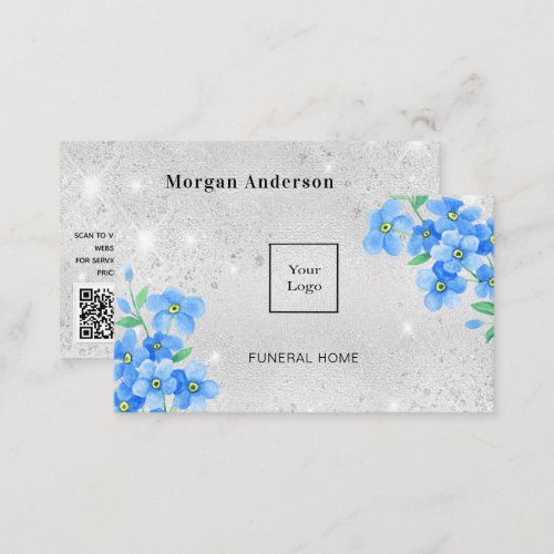 Funeral home service silver blue floral QR code Business Card