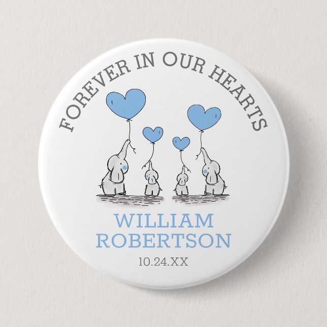 Funeral In Loving Memory | Blue Hearts Elephants Button (Front)