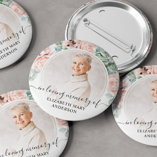 Funeral In Loving Memory Blush Pink Floral Photo Button