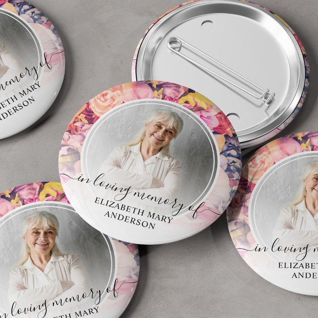 Funeral In Loving Memory Bright Floral Photo Button (Creator Uploaded)