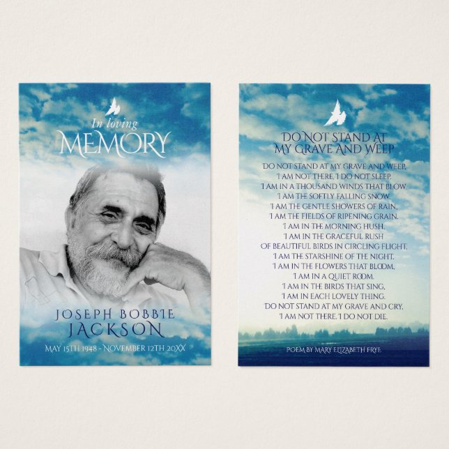 Funeral in loving memory clouds prayer / poem card (Front & Back)