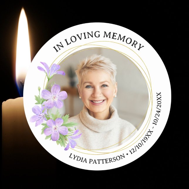 Funeral In loving Memory Custom Photo Floral  Classic Round Sticker (Creator Uploaded)