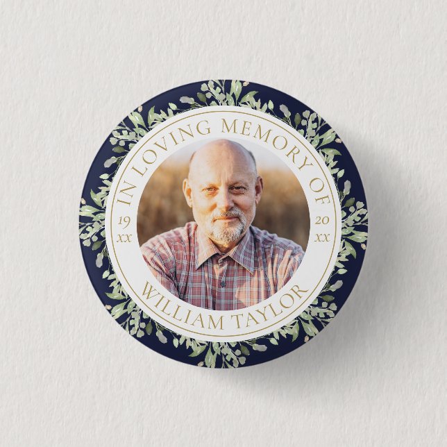 Funeral In Loving Memory Greenery Photo Button (Front)