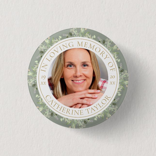 Funeral In Loving Memory Greenery Photo Button (Front)