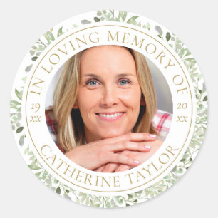 Funeral In Loving Memory Greenery Photo Classic Round Sticker