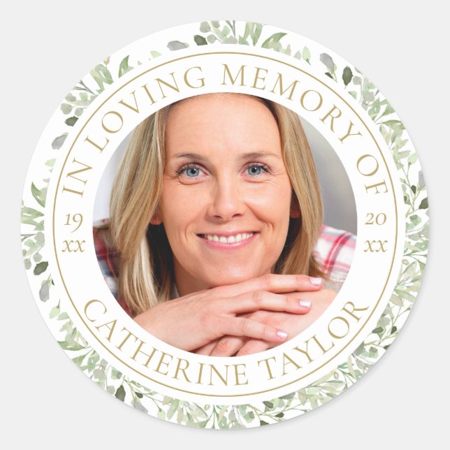 Funeral In Loving Memory Greenery Photo Classic Round Sticker (Front)